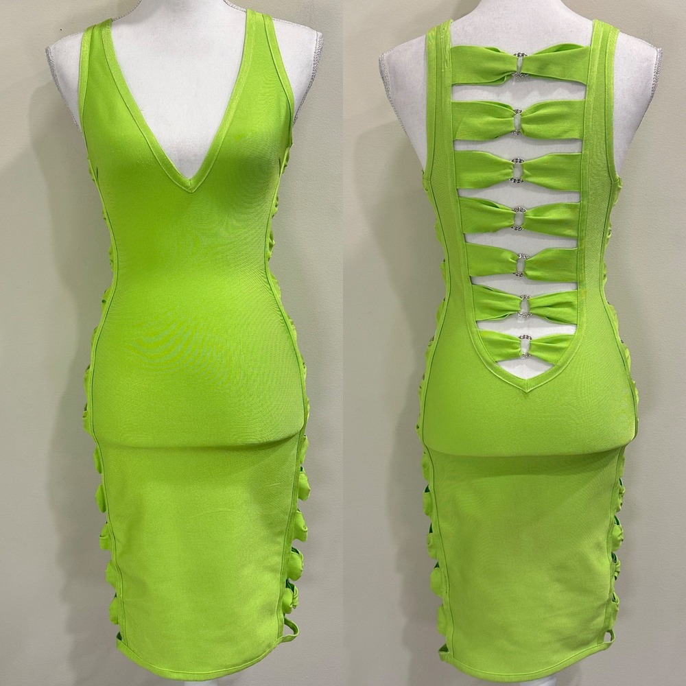 Valiant Paris Lime Green Bandage Dress Small Cutout Chain Link Caged Bodycon